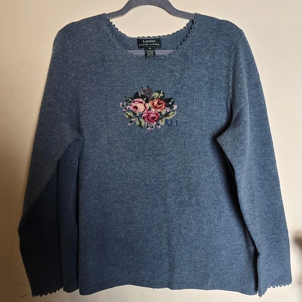 Lauren Ralph Lauren Blue 100% Lambswool Floral Intarsia Scallop Trim Sweater 1X